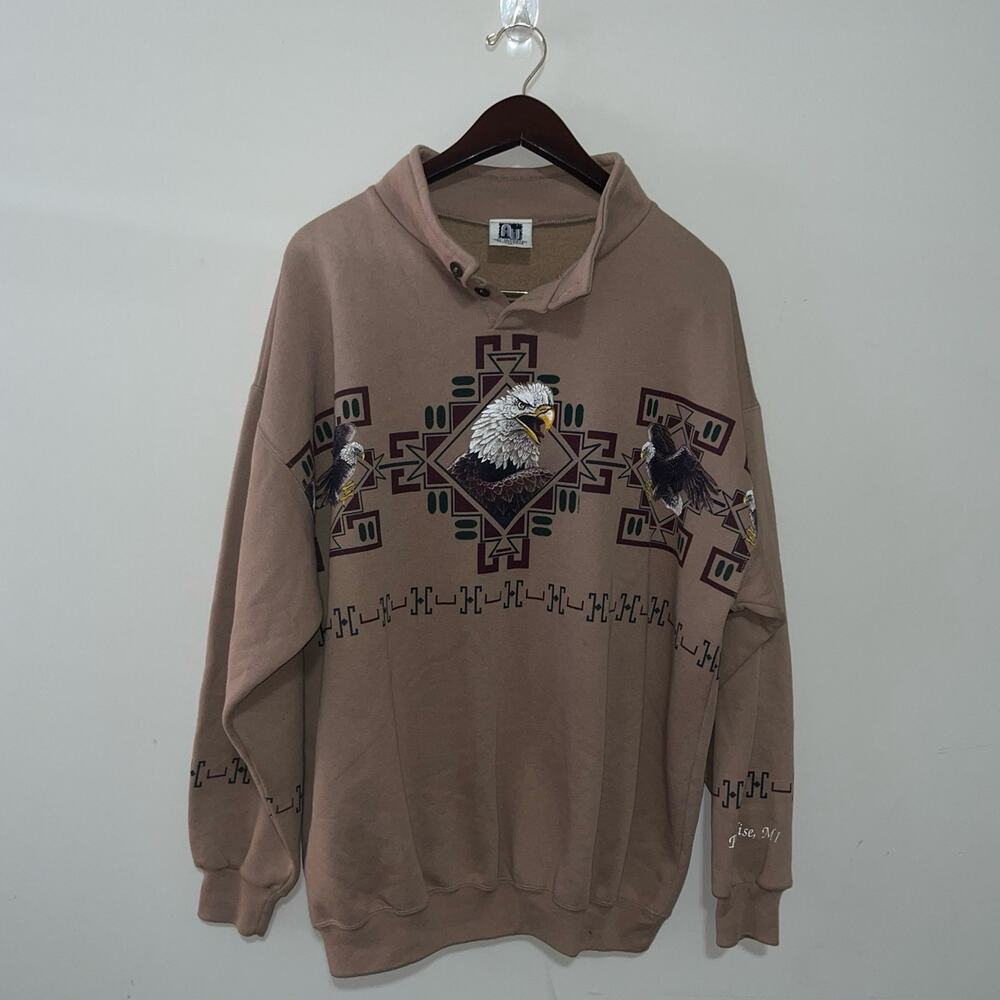 Vintage VTG Tribal Eagle Print Long Sleeve 1/4 Button Pull Over Sweater (0804)